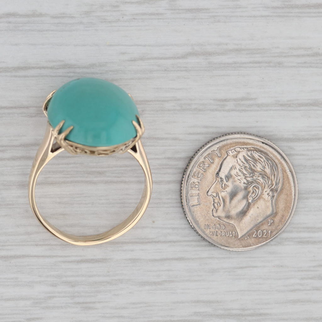 Gray Green Turquoise Oval Cabochon Solitaire Ring 10k Yellow Gold Size 5.75