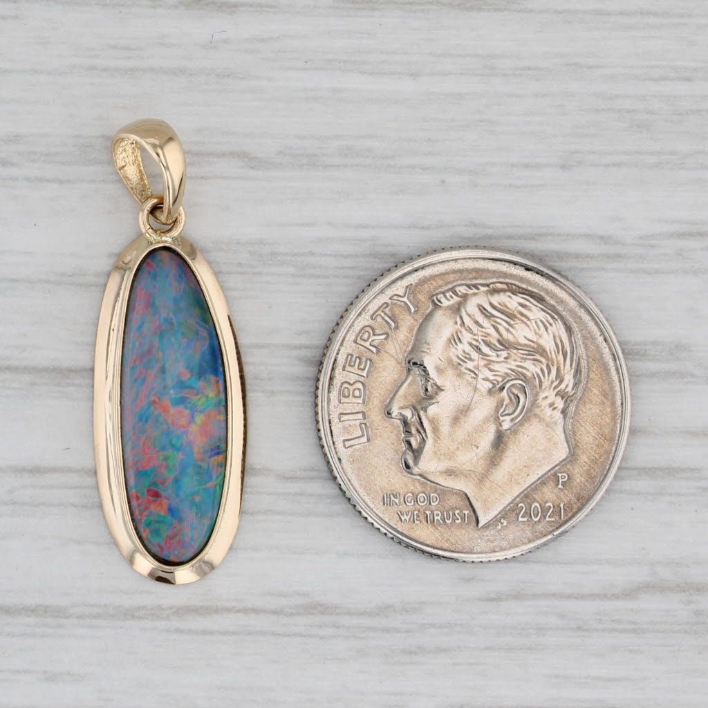 Gray Multicolor Opal Doublet Solitaire Drop Pendant 14k Yellow Gold