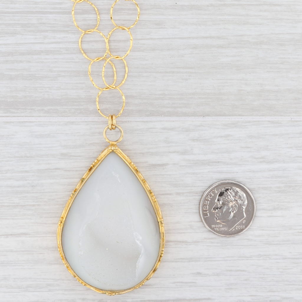 New Nina Wynn White Druzy Quartz Agate Pendant Necklace Sterling Gold Vermeil
