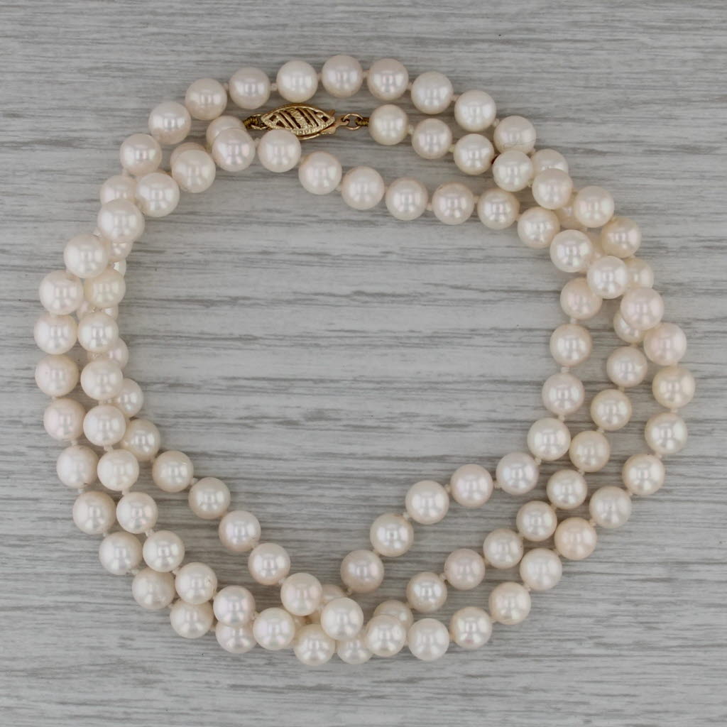 30" Single Strand Saltwater Cultured Pearl Necklace 14k Yellow Gold 6-6.5mm