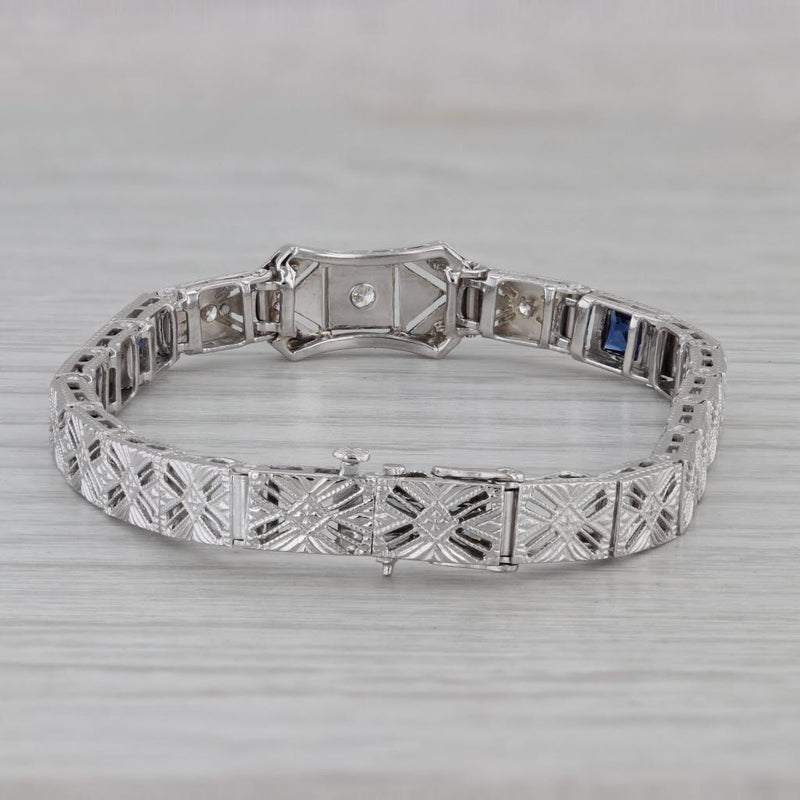 Art Deco 0.52ctw Diamond Lab Created Sapphire Bracelet 14k White Gold 5.75"
