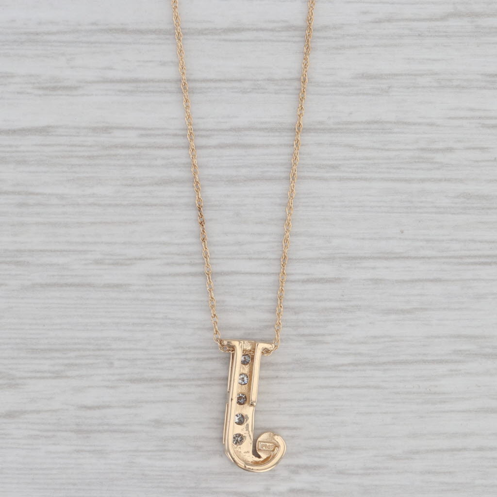 Gray 0.15ctw Diamond Letter Initial J Pendant Necklace 14k Yellow Gold 18"Rope Chain