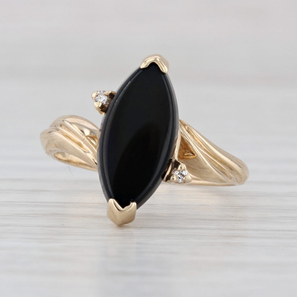 Navette Onyx Diamond Bypass Ring 10k Yellow Gold Size 6.5