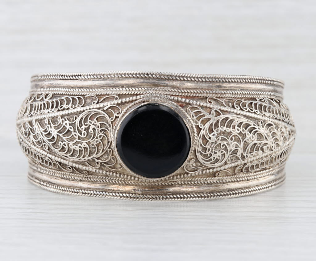 Vintage Onyx Ornate Cuff Bracelet Sterling Silver Statement 7.75"