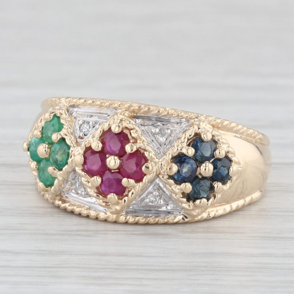 Light Gray 0.24 ctw Diamond Ruby Emerald Sapphire Flower 10K Yellow Gold Size 7.25 Ring