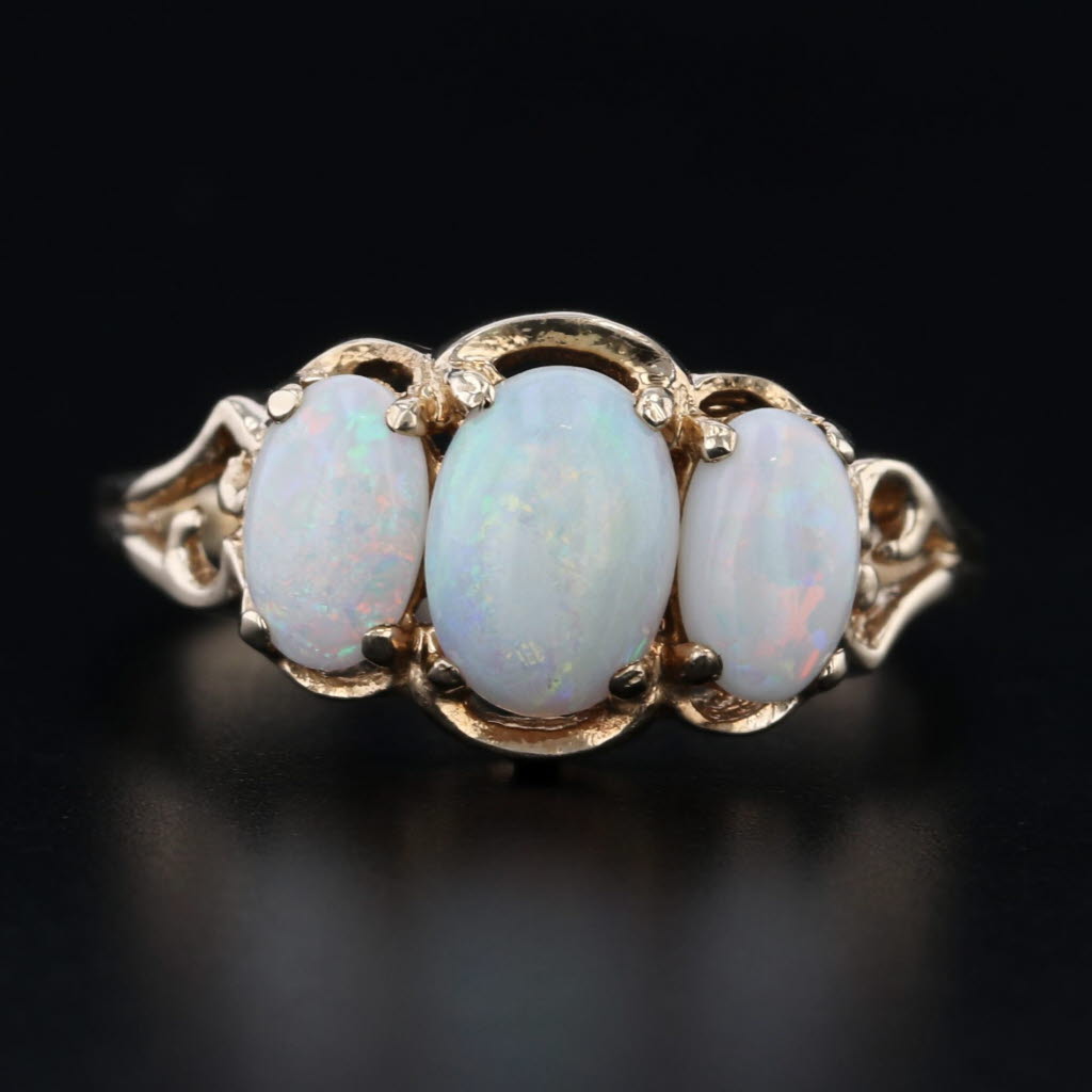 Gray 3-Stone Opal Ring 10k Yellow Gold Size 6.25 Oval Cabochons