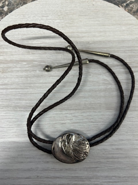 Gray Vintage Southwestern Eagle Bolo Tie Sterling Silver Leather Adjustable 33"