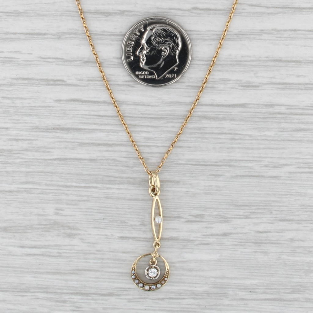 Vintage Pearl Diamond Lariat Pendant Necklace 14k Gold 15.75" Cable Chain
