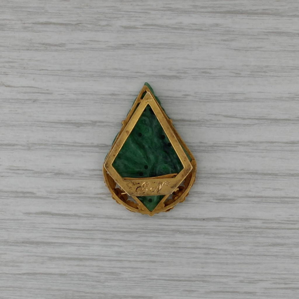 Antique Green Floral Carved Jadeite Jade Pendant Brooch 14k Gold Clip Back