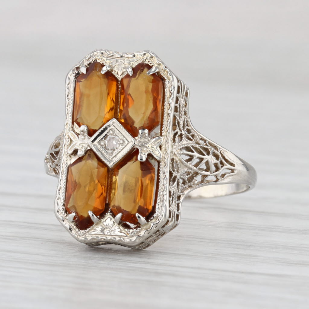 Vintage Art Deco 2.30ctw Citrine Diamond Filigree Ring 14k White Gold Size 10
