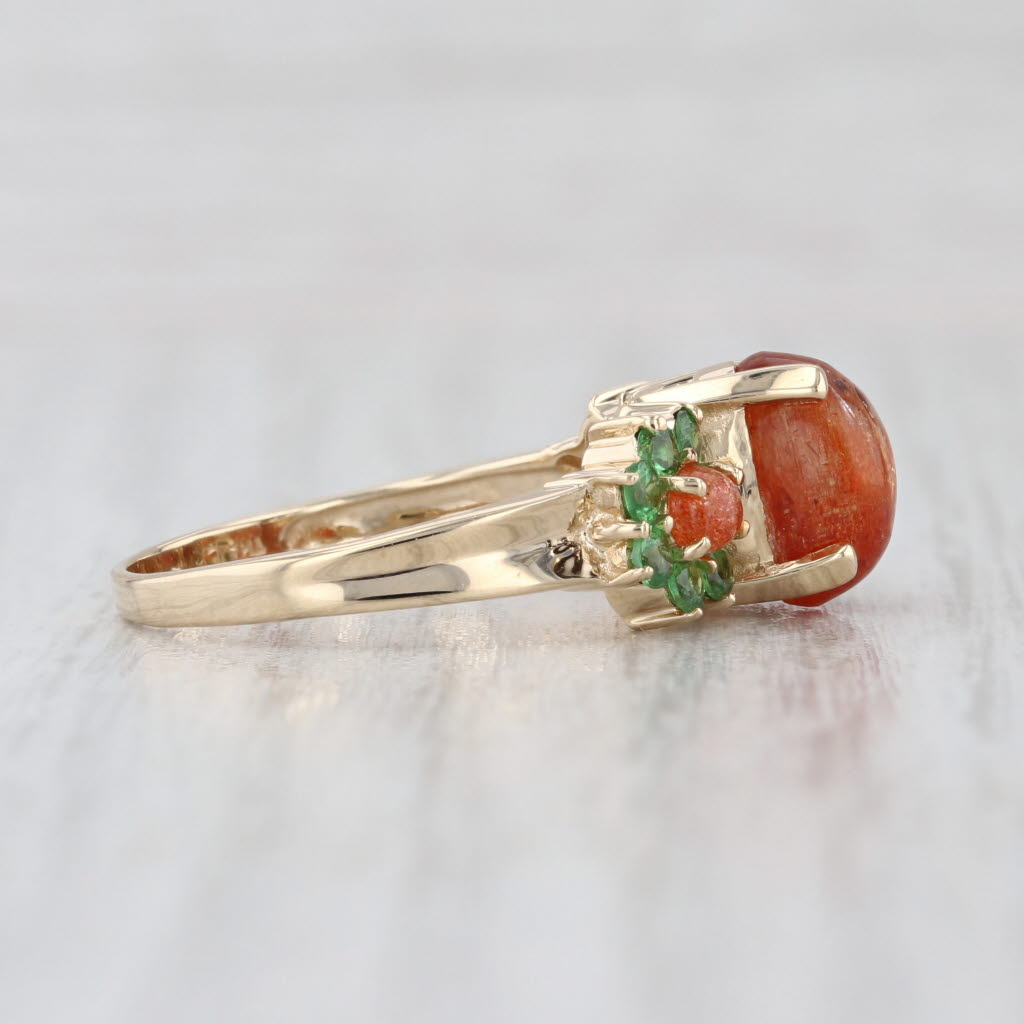 Aventurine Feldspare Tsavorite Ring 14k Yellow Gold Oval Cabochons Size 7.75