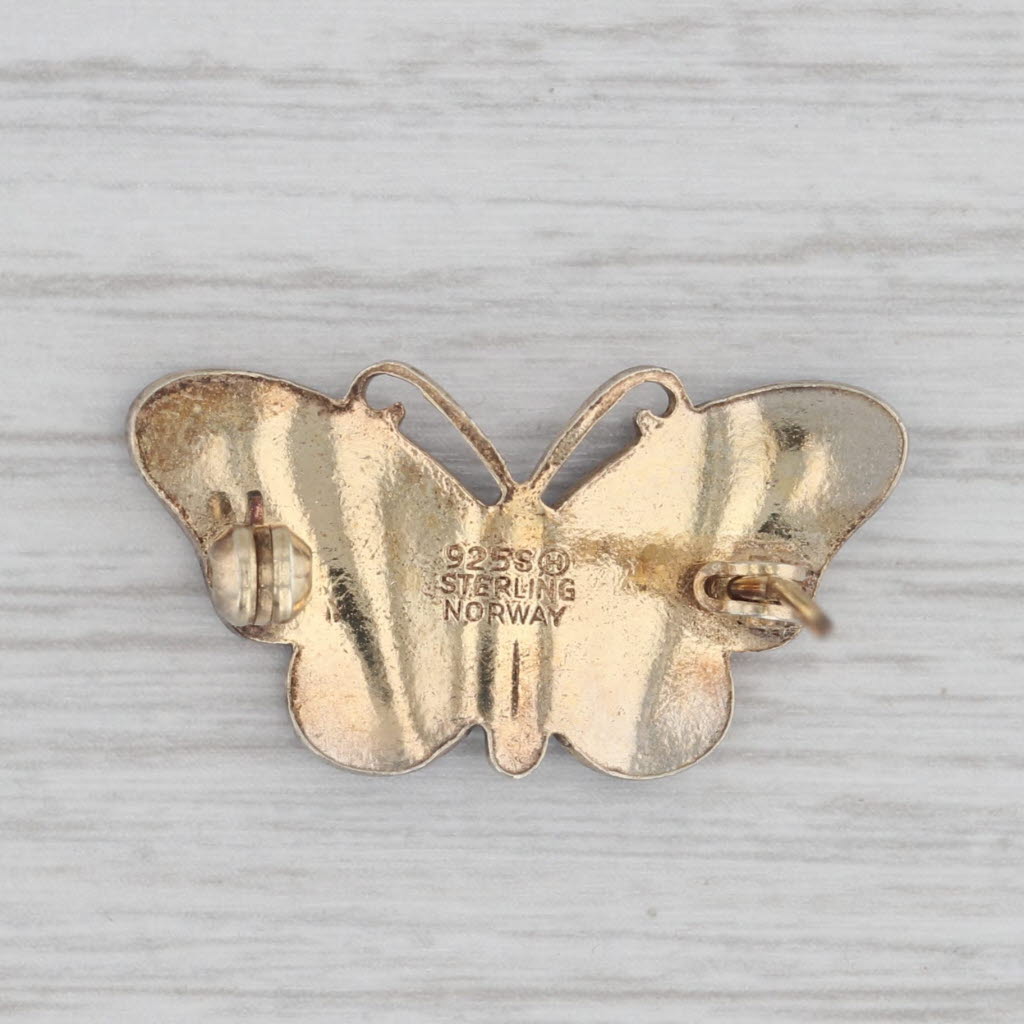 Gray Vintage Guilloche Enamel Butterfly Brooch Sterling Silver Gold Gilt Norway Pin