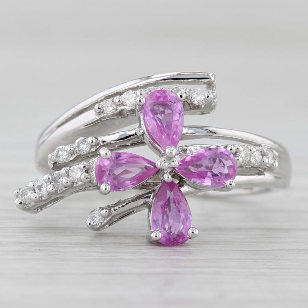 Gray 0.99ctw Pink Sapphire Diamond Flower Bypass Ring 14k White Gold Size 5.25