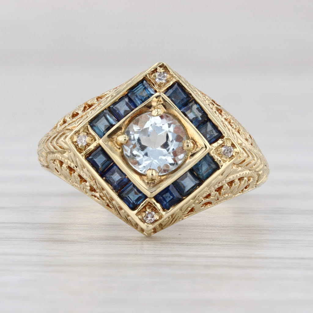 0.87ctw Aquamarine Sapphire Halo Ring 14k Yellow Gold Ornate Floral Band Size 6