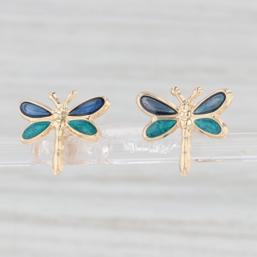 Light Gray Dragonfly Stud Earrings 14k Yellow Gold Blue Enamel Insect Jewelry