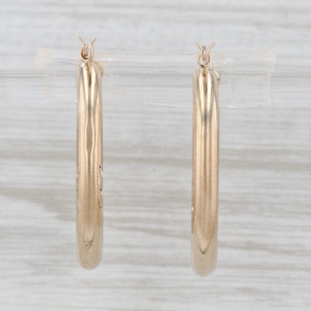 Vine Etched Pattern Hoop Earrings 10k Yellow Gold Snap Top Round Hoops