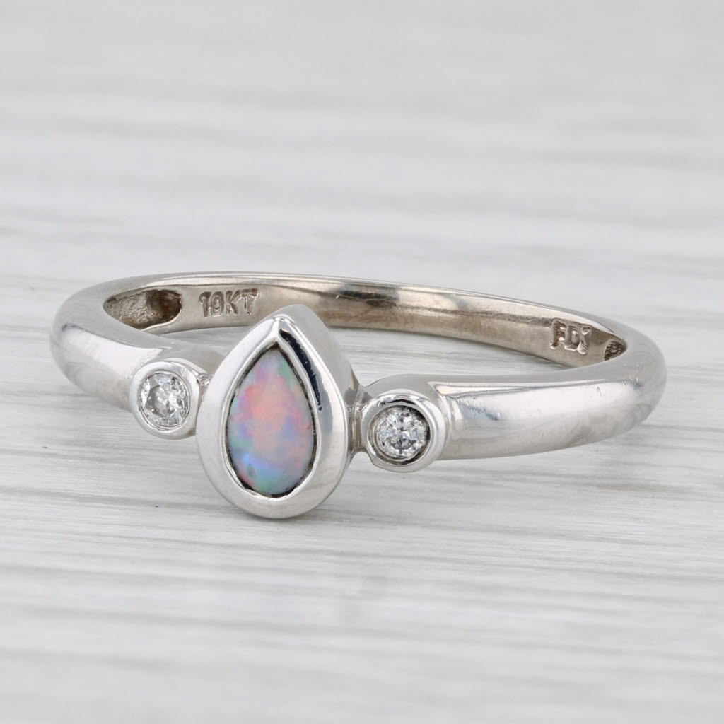 Light Gray Opal Diamond Teardrop Ring 10k White Gold Size 6.75 Pear Cabochon Solitaire