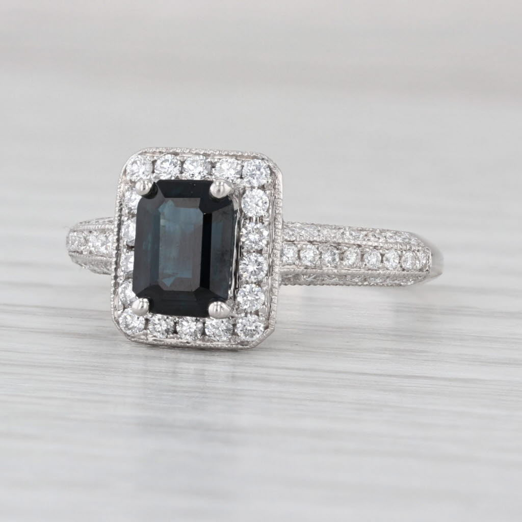 1.58ctw Blue Sapphire Diamond Halo Ring 18k White Gold Size 6.5 Engagement