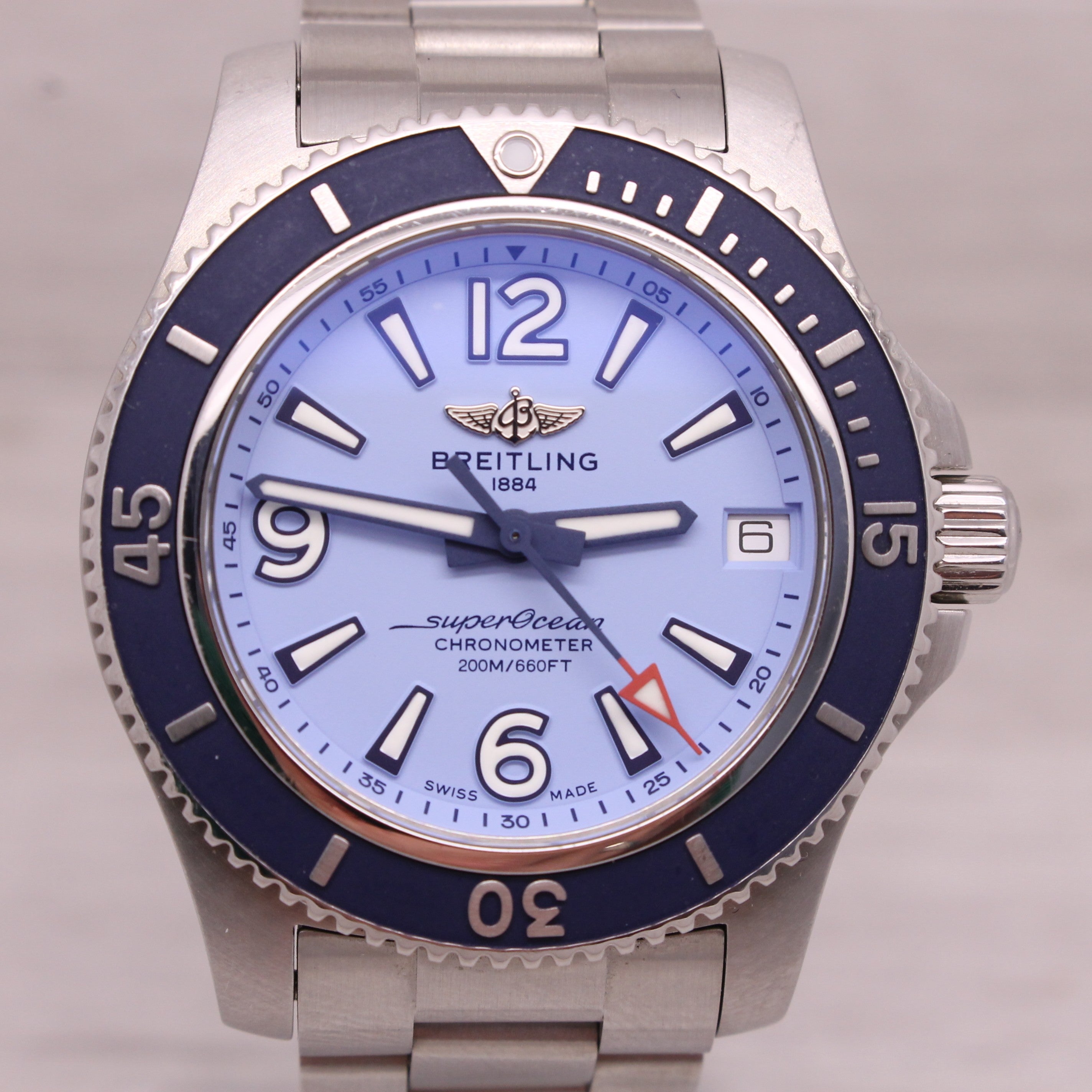 Gray Breitling Superocean 36 mm Steel Automatic Divers Watch Blue w Box Card A17316