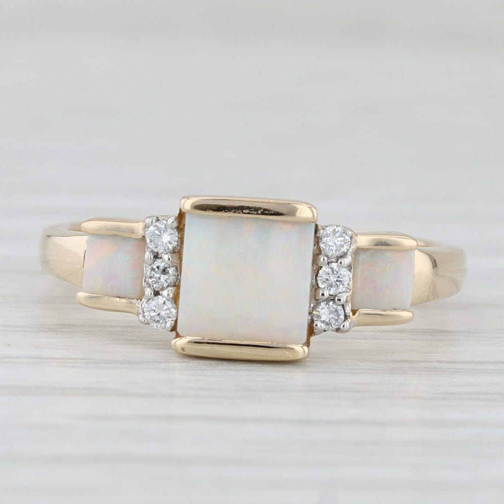 Light Gray Lab Created Opal Diamond 3-Stone Ring 14k Yellow Gold Size 7.25