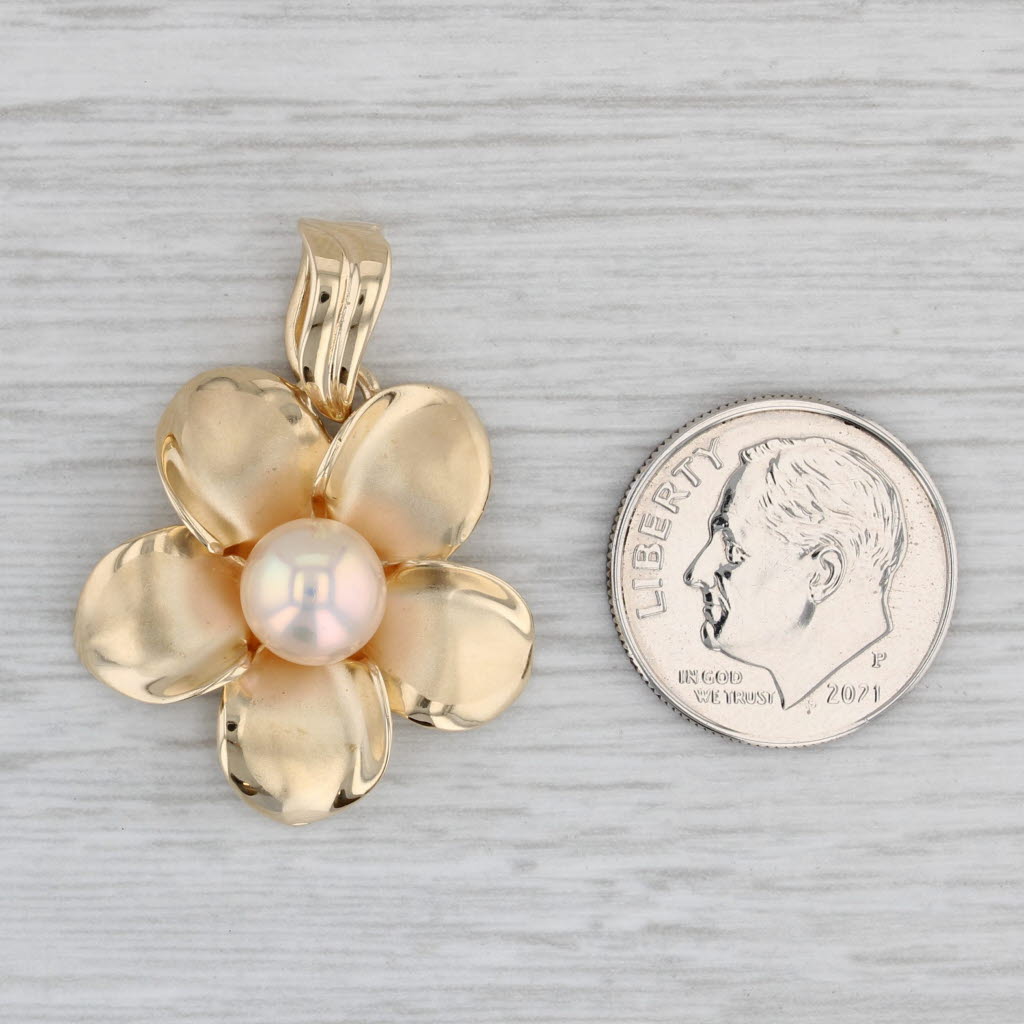 Gray Cultured Pearl Solitaire Flower Pendant 14k Yellow Gold Floral