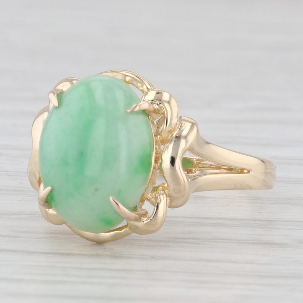 Light Gray Oval Cabochon Green Jadeite Jade Solitaire Ring 14k Yellow Gold Size 6.5