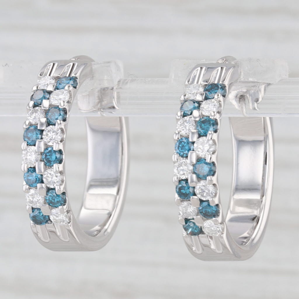 Light Gray 0.96ctw Blue White Diamond Hoop Earrings 14k White Gold Snap Top Round Hoops