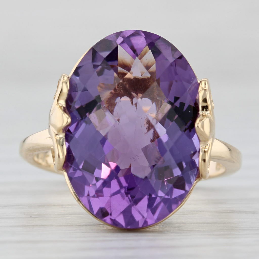 Light Gray 10.37ct Oval Amethyst Solitaire Ring 14k Yellow Gold Sz 7.5 Fleur Di Lis Accents