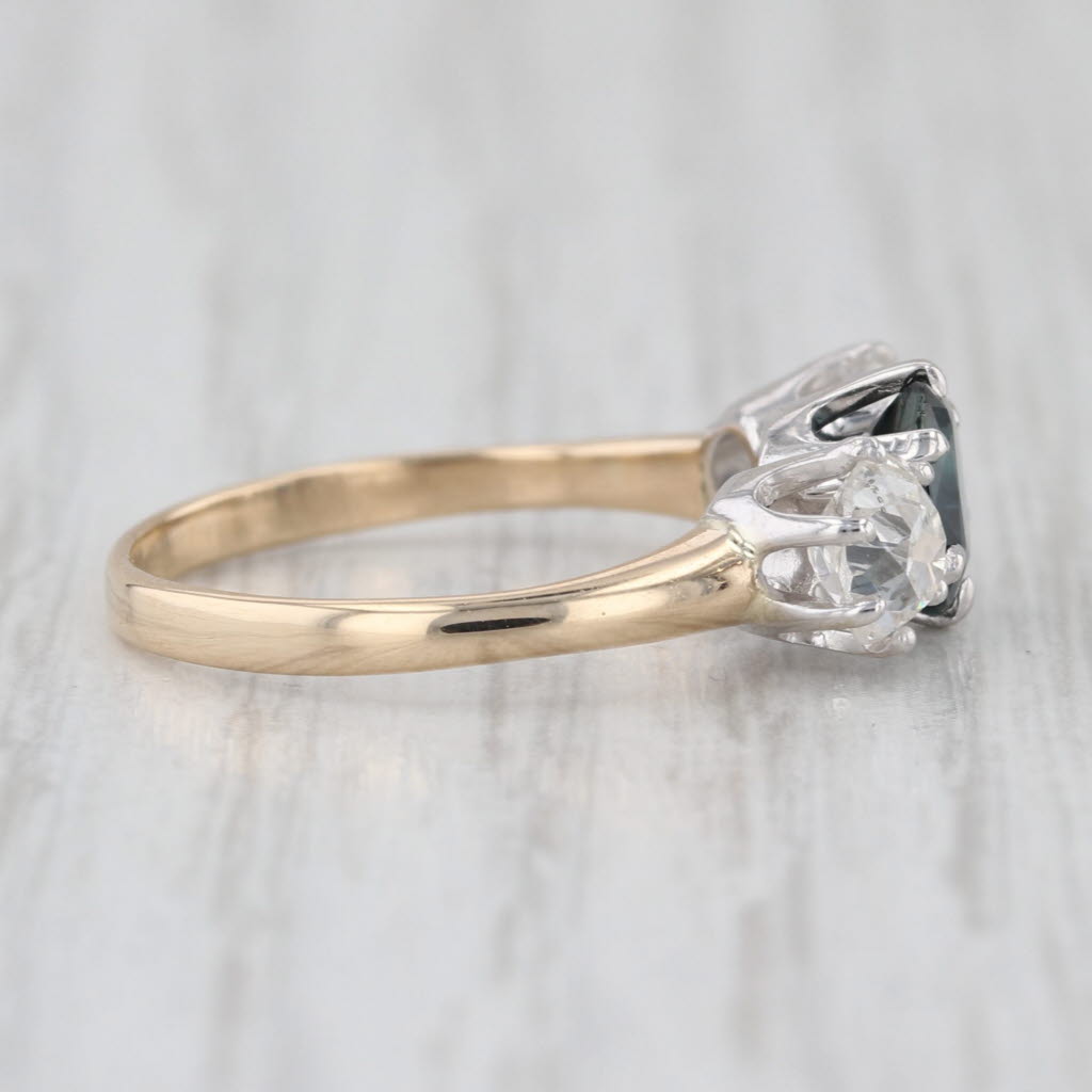 Antique 1.80ctw Blue Sapphire Diamond 3-Stone Ring 14k Yellow Gold Size 5.5