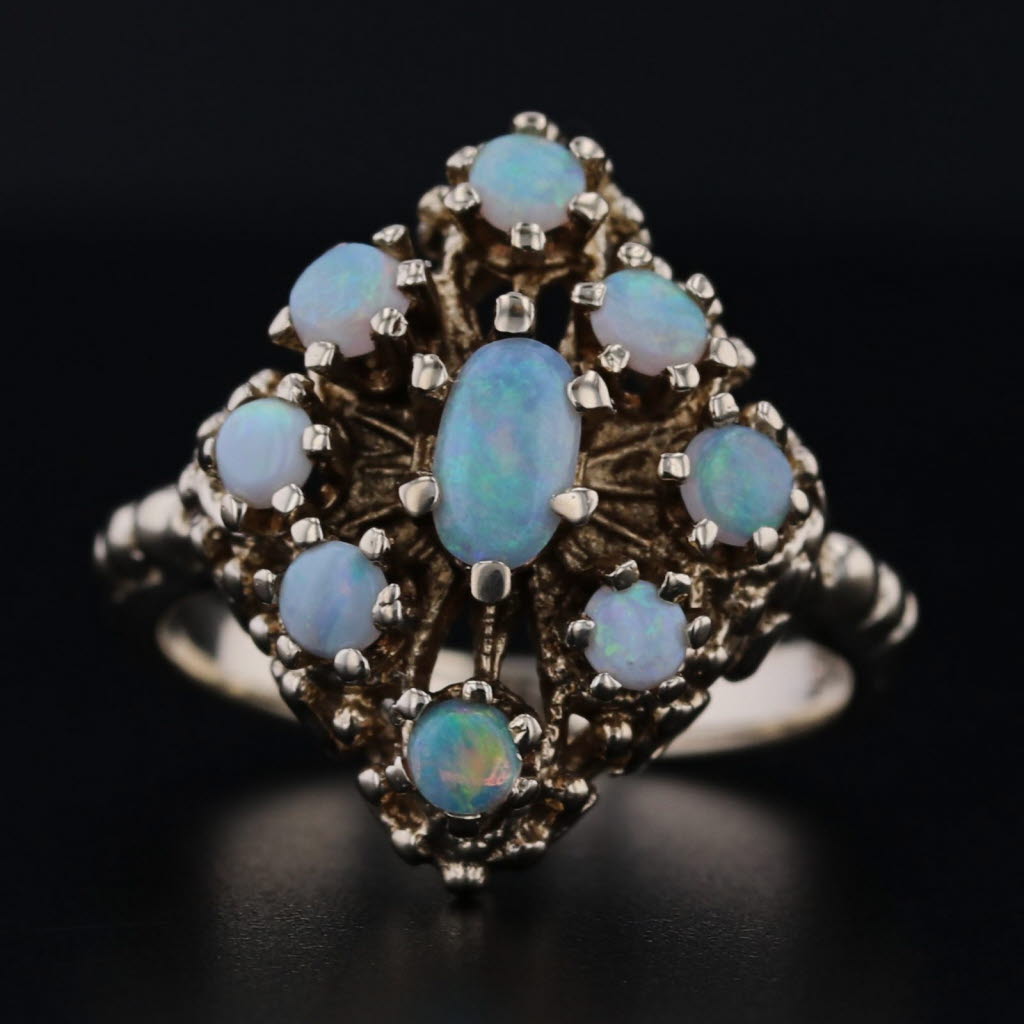 Black Vintage Opal Cluster Ring 14k Yellow Gold Size 4.25 Cocktail