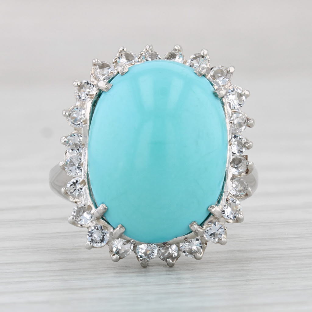 Light Gray Turquoise Cabochon Lab Created Spinel Halo Ring 14k 18k White Gold Sz 5 Cocktail