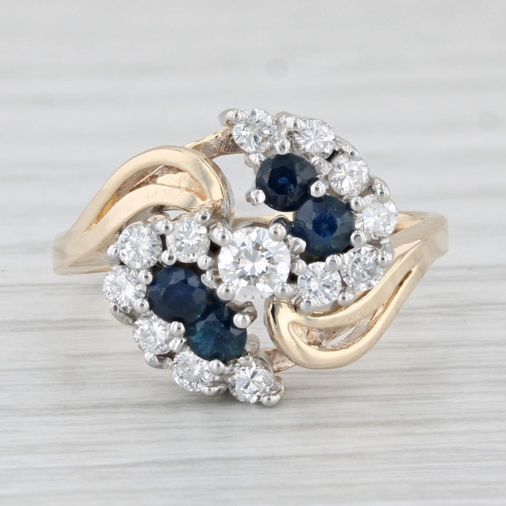 Light Gray 0.90ctw Blue Sapphire Diamond Bypass Ring 14k Yellow Gold Size 6.5