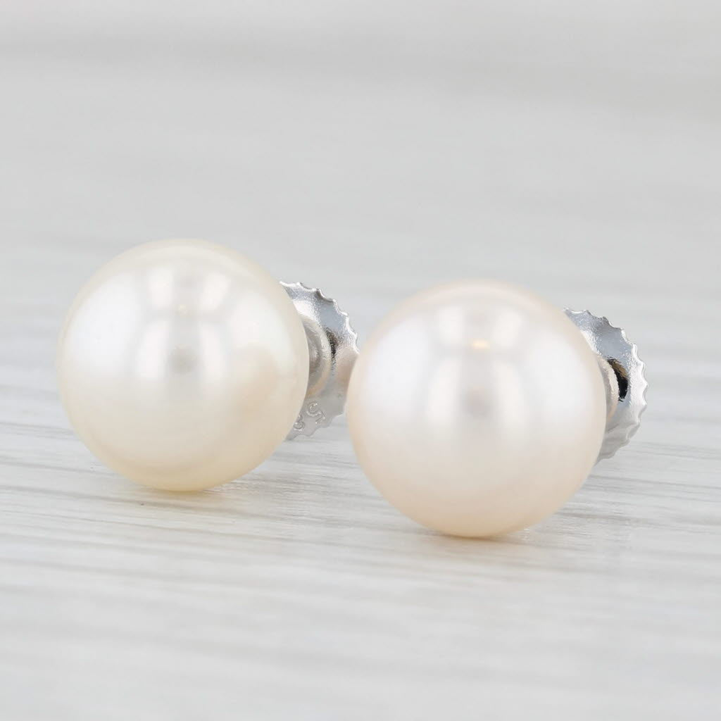 Light Gray Cultured Pearl Solitaire Stud Earrings 14k White Gold 9.1mm Round Beads