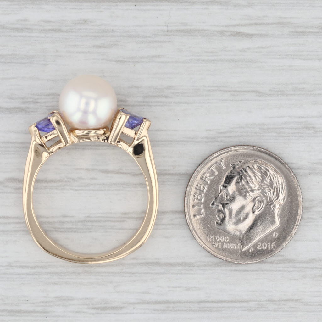 Light Gray 0.44ctw Tanzanite Cultured Pearl Ring 14k Yellow Gold Size Euro Shank Size 6.75