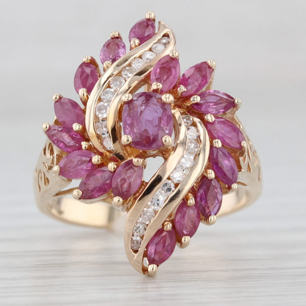 Light Gray 2.21ctw Ruby Diamond Bypass Ring 10k Yellow Gold Size 6.5 Cocktail Cluster