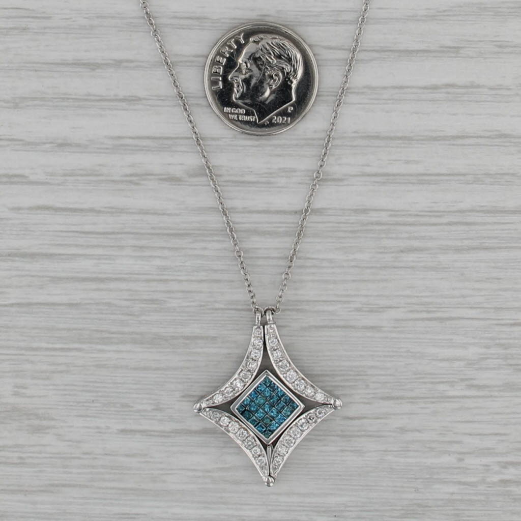 Convertible 1.35ctw Blue White Diamond Necklace 14k White Gold Cable Chain