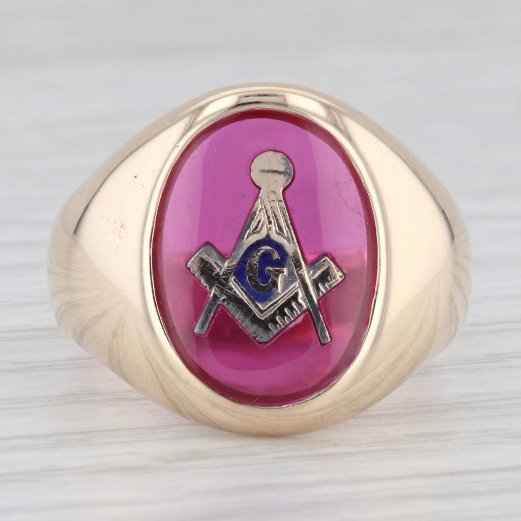 Light Gray Lab Created Ruby Masonic Signet Ring 10k Yellow Gold Size 10.25 Blue Lodge