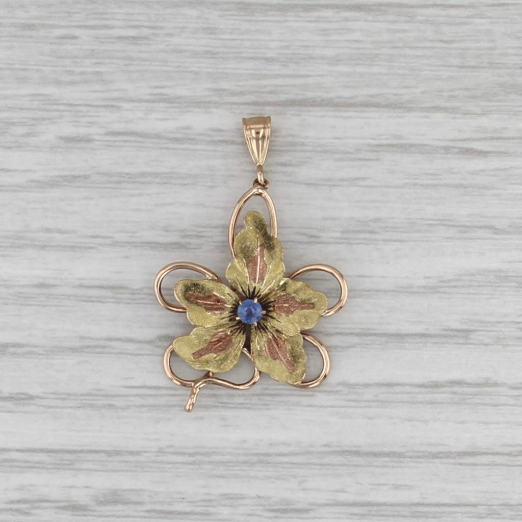 Vintage Garnet Glass Flower Pendant 14k Green Rose Yellow Gold Floral