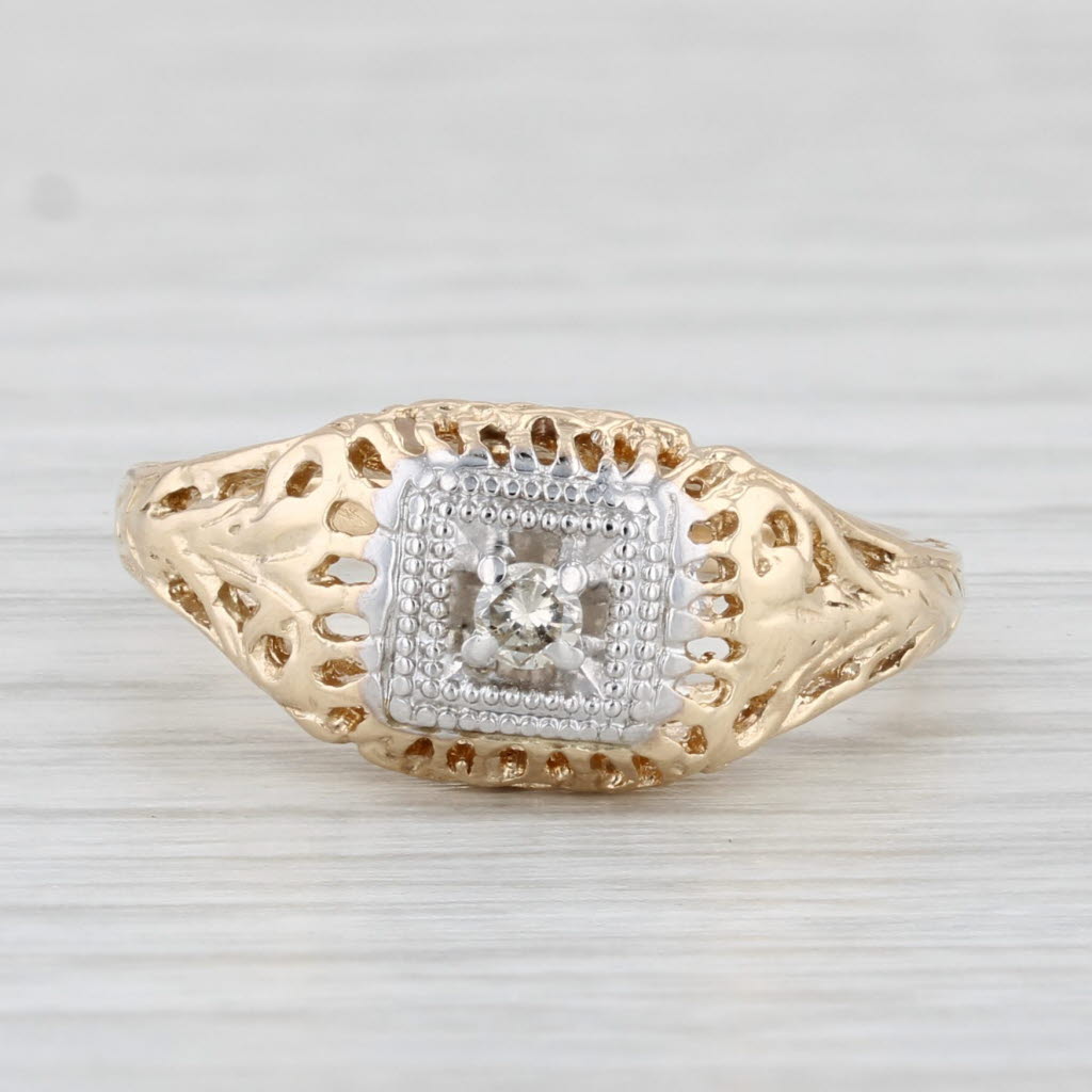 Light Gray Diamond Solitaire Ring 10k Gold Vintage Filigree Size 6.25