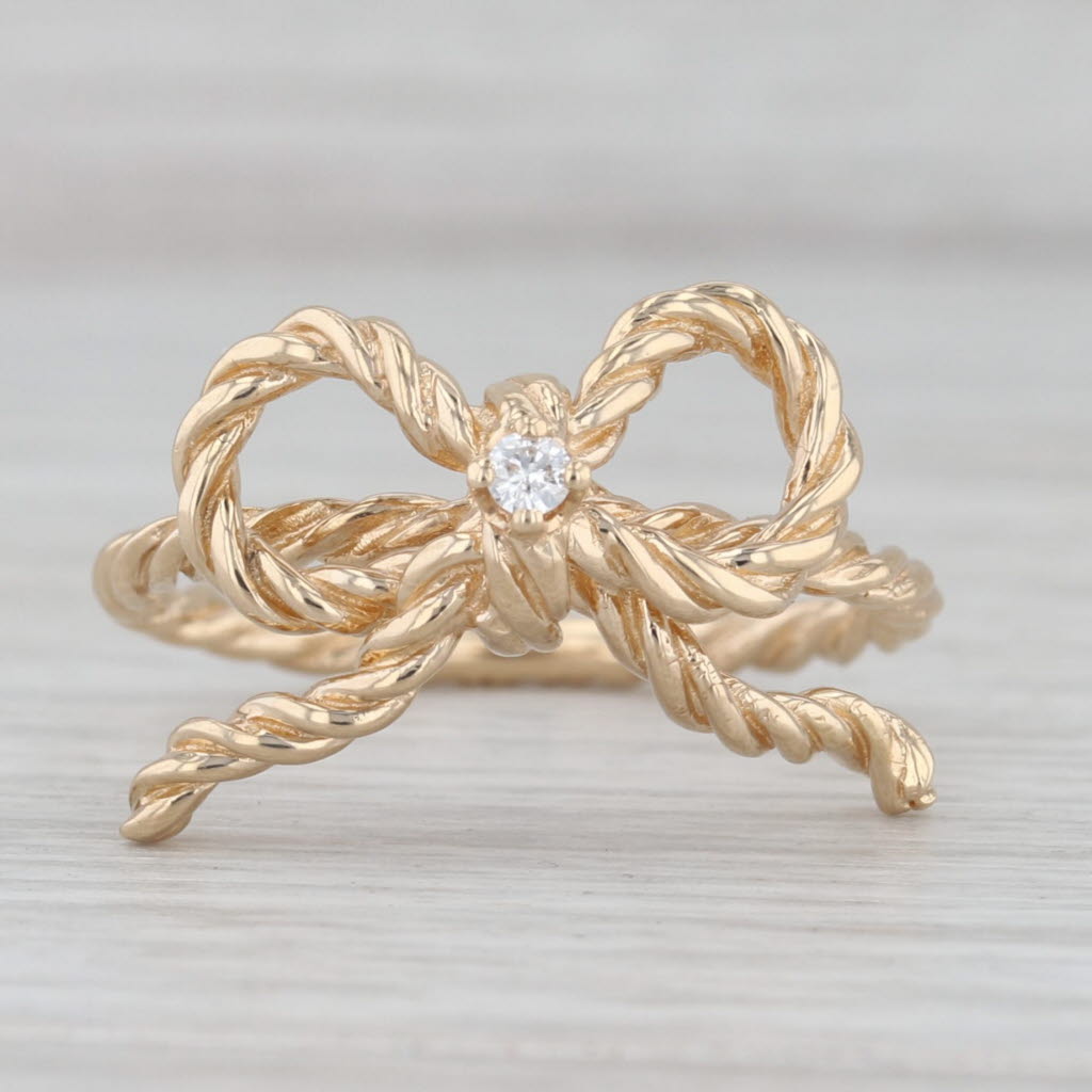 Diamond Bow Ring 14k Yellow Gold Size 8 Rope Band