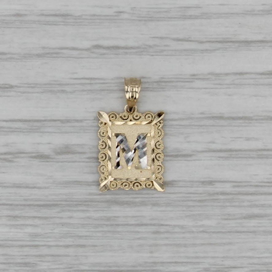 Framed Letter Initial "M" Pendant 10k White Yellow Gold