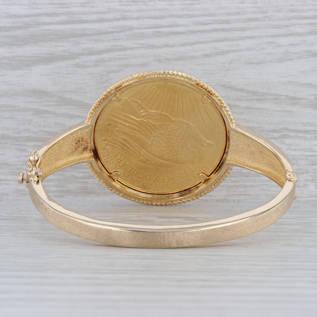 Gray 1908 $20 Dollar St Gaudens US Coin Bangle Bracelet 14k Yellow Gold Eagle 6.75”