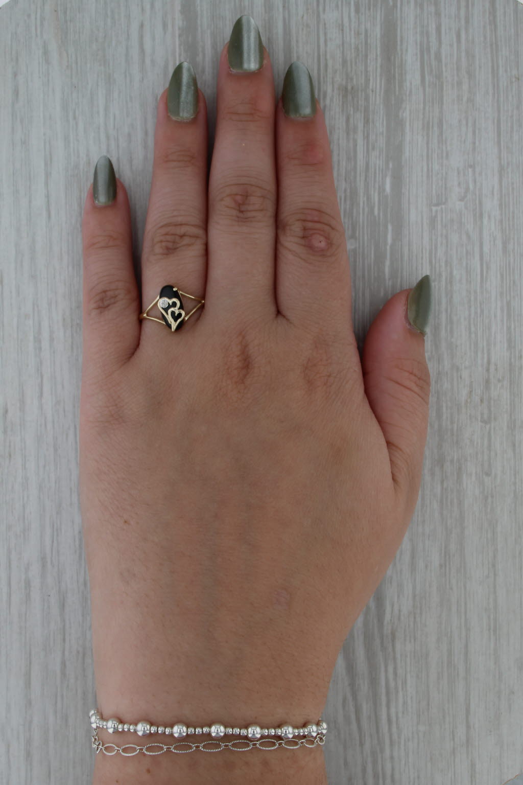 Vintage Onyx Diamond Hearts Signet Ring 10k Yellow Gold Size 9