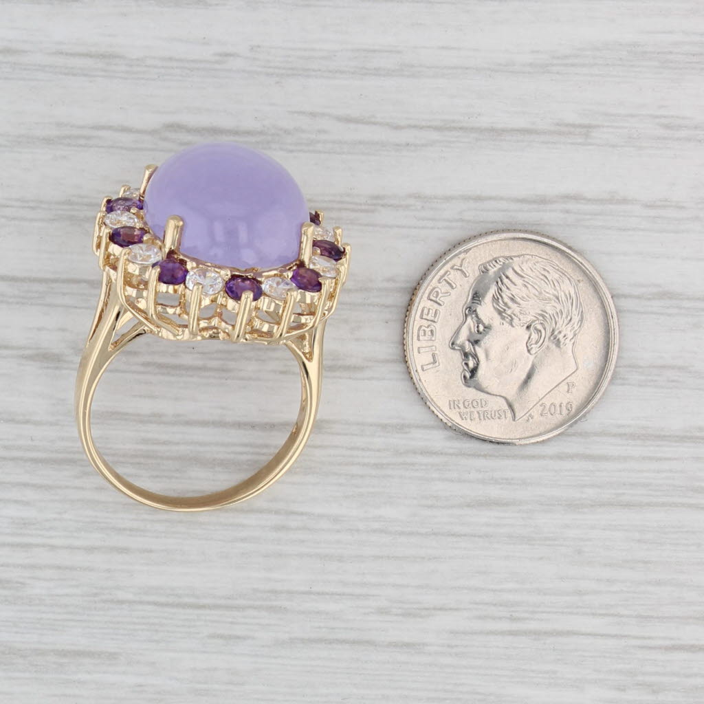 Light Gray Purple Jadeite Jade Amethyst Glass Ring 14k Gold Oval Cabochon Cocktail Sz 7.75