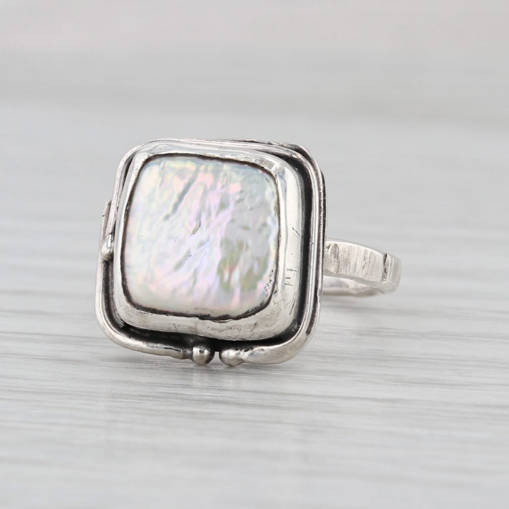 Bezel Set Cultured Pearl Solitaire Ring Sterling Silver Size 6.5