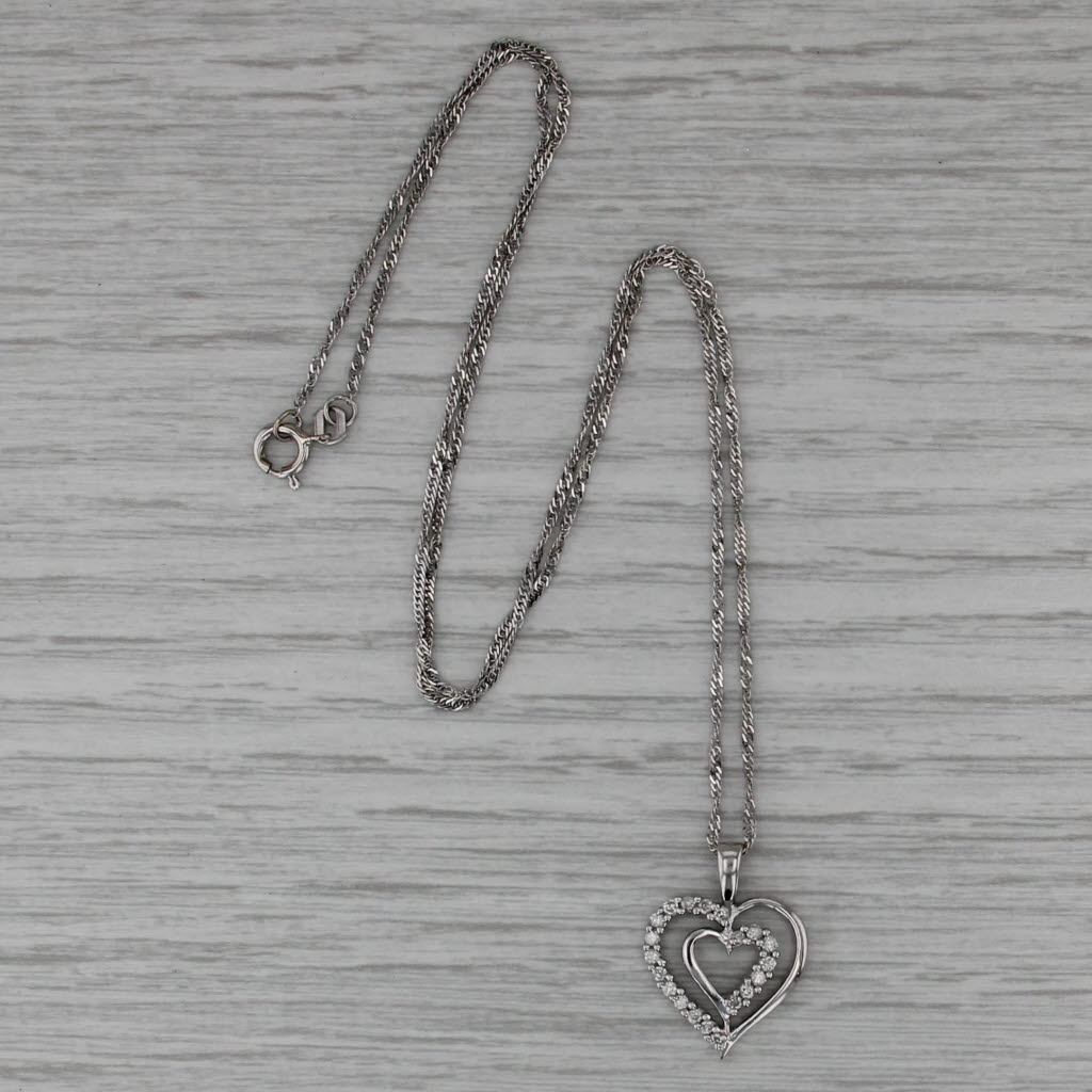 0.20ctw Diamond Double Openheart Pendant 10k White Gold 18" Singapore Chain