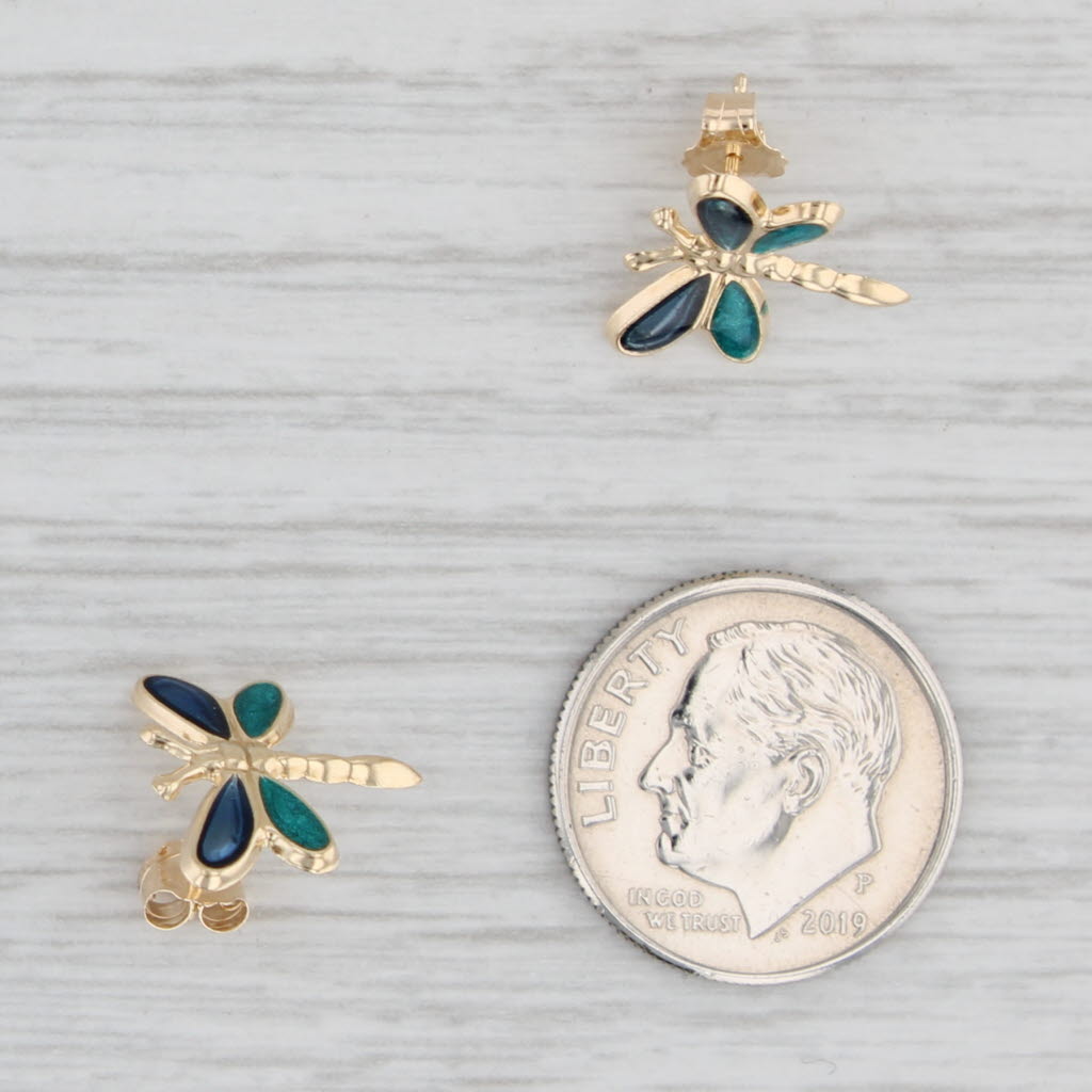 Light Gray Dragonfly Stud Earrings 14k Yellow Gold Blue Enamel Insect Jewelry