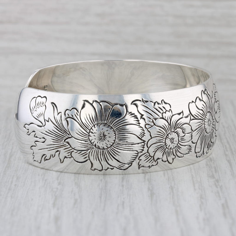 Daisy Flower Engraved Cuff Bracelet Sterling Silver S Kirk & Son 7" Vintage