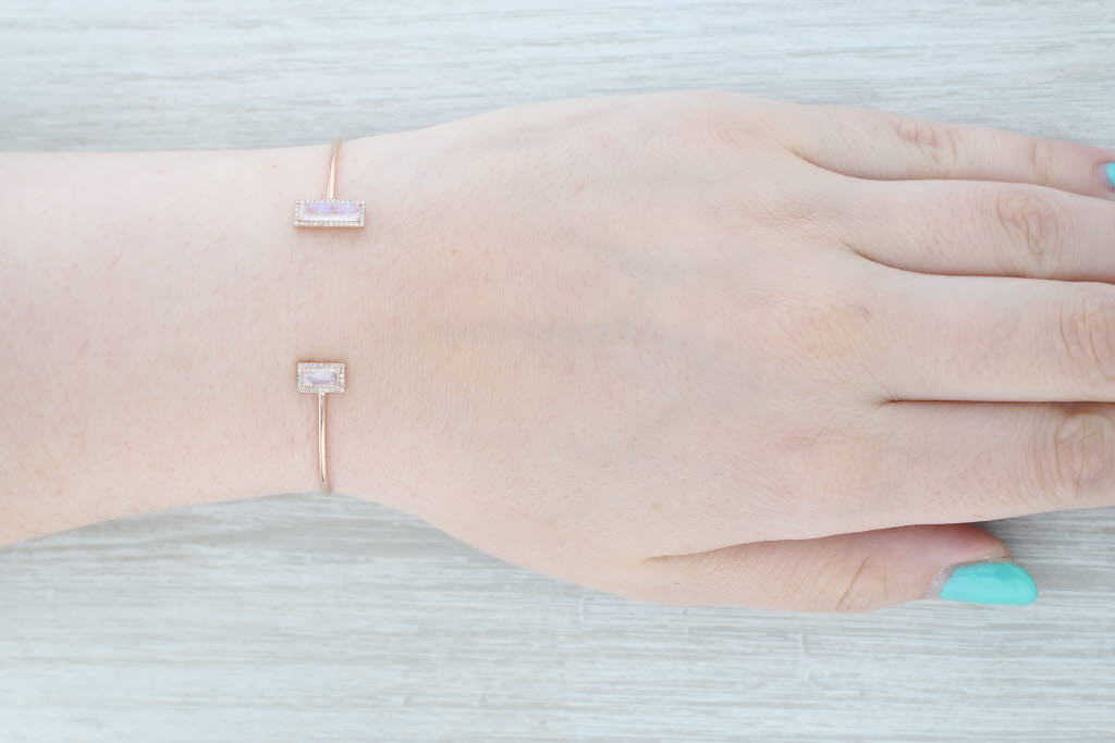 Light Gray New Moonstone Diamond Halo Cuff Bracelet 14k Rose Gold 6.75" Adjustable