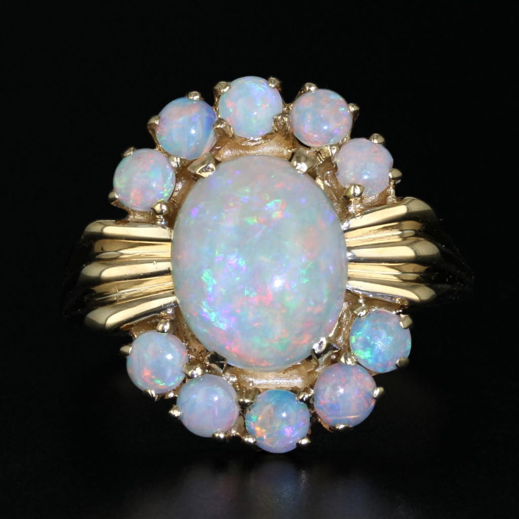 Dark Gray Oval Opal Cabochon Ring 14k Yellow Gold Size 7.5